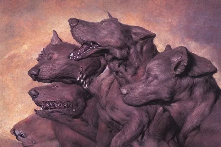 Image similar to hyperdetailed matte art of cerberus by william blake, ilya repin, amano, rene magritte, craig mullins, three headed dog, details