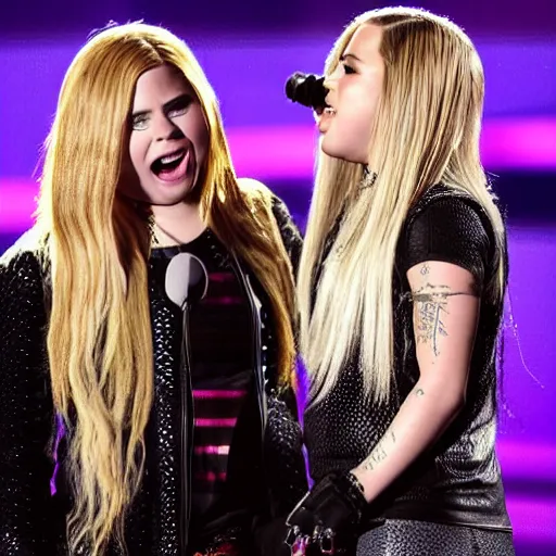 Image similar to Avril Lavigne and Demi Lovato preforming live on stage at the Grammys, high quality, HD, 4k, 8k