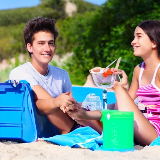 Image similar to a teenage girl and teenage boy having a picnic at the beach. Blue sky. Detailed faces, detailed body. Photo 4K.