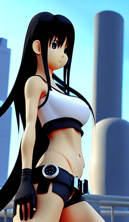 Image similar to anime fine details portrait of Tifa Lockhart in front of cyberpunk moder city landscape on the background deep bokeh, close-up view, anime masterpiece by Studio Ghibli. 8k, sharp high quality anime, artstation