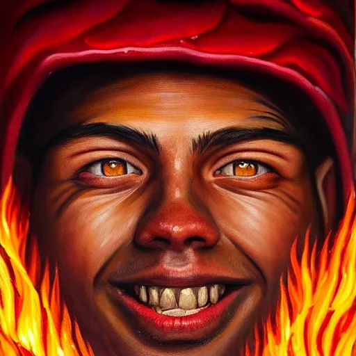 Image similar to a hyper realistic painting of a young fire - man, all face covered with a fire, coherent symmetrical eyes, cunning smile, by jeffrey smith, by andrea kowch, by steve henderson, masterpiece, trending on artstation, sharp, details, hyper - detailed, hd, hdr, 4 k, 8 k