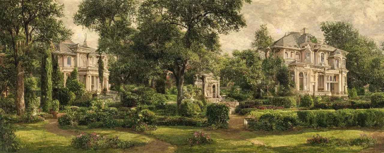 Image similar to a highly detailed photograph of a house from the 1880s surrounded by beautiful gardens, view from ground level, elegant, ornate, daytime, beautifully lit scene