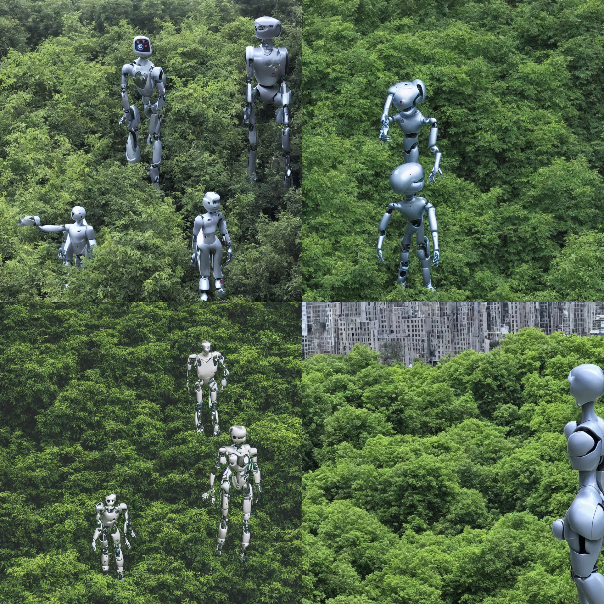 Prompt: a humanoid robot looking over an overgrown city, lots of foliage