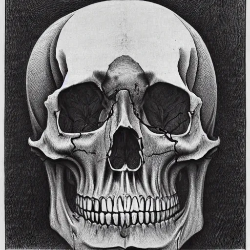 Prompt: skulls, hyperbolic tesselation by mc escher and jamnitzer and gustave dore