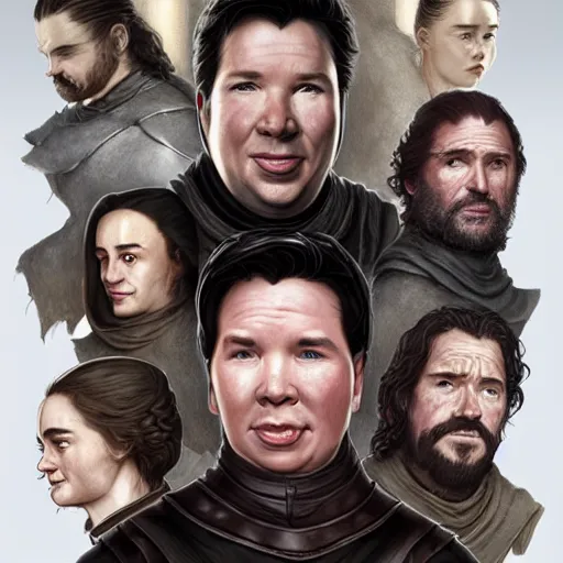 Image similar to the cast of game of thrones as michael mcintyre, anatomy, bathed in light, highly detailed, photorealistic, artstation, smooth, sharp focus, illustration, unreal engine 5, 8 k, art by artgerm and greg rutkowski and edgar maxence