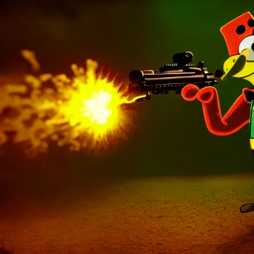 Image similar to high detail full body shot of spongebob squarepants shooting a machine gun with muzzle flash, cinematic framing, cinematic light, hard shadows, in the style of lone survivor,