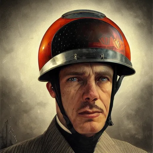 Image similar to a portrait of 1 9 2 0 man in a vintage racing helmet by sandra chevrier, detailed render, epic composition, cybernetics, 4 k realistic, cryengine, realistic shaded lighting, sharp focus, masterpiece, by matteo scalera, gary montalbano, peter elson in the style of the tokyo ghost comic