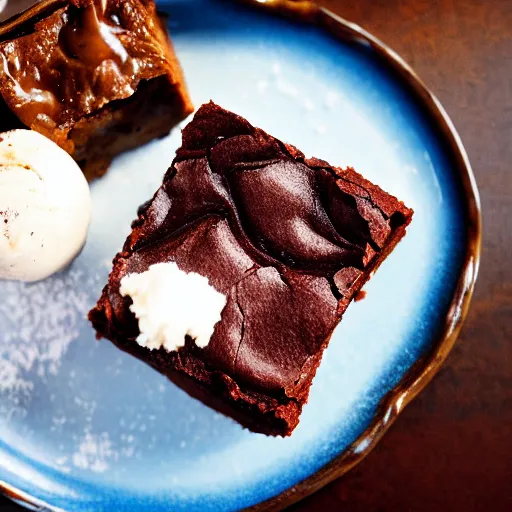 Prompt: An extreme close-up of a slice brownie with icecream on a plate, food blog, Michelin Star Restaurant, F 2.8, 85mm Velvia 100, high DOF