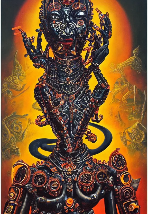 Image similar to biomechanical alien robot goddess kali, female, intense stare, sarcastic smile, symmetrical, concept art, intricate detail, volumetric shadows and lighting, realistic oil painting, 1 9 7 0 psychedelic soviet poster,