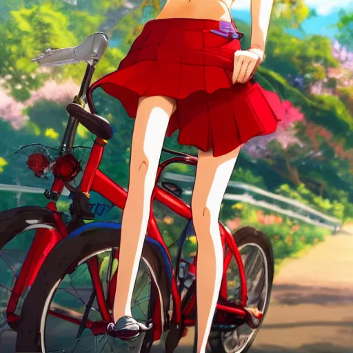 Image similar to close up of a high definition anime girl with red delivery clothes in a bike with armenia quindio in the background , Artwork by Makoto Shinkai, pixiv, 8k, official media, wallpaper, hd