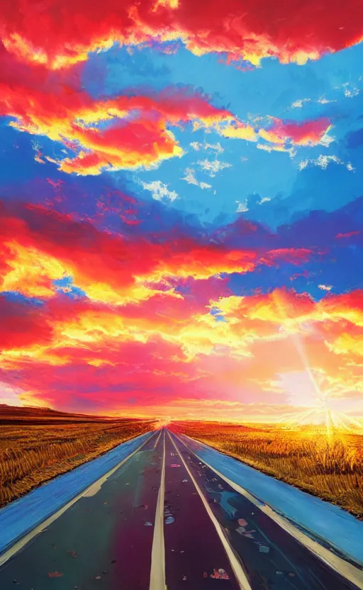 Image similar to paperback book cover. 2 0 1 0 s. pure colors, melting clouds, accurately drawn details, a sunburst above a receding road with the light reflected in furrows and ruts, after rain. photorealistic. octane render. cinematic. trending on artstation. textless.