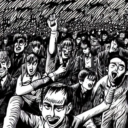 Prompt: drunk english football fans by junji ito