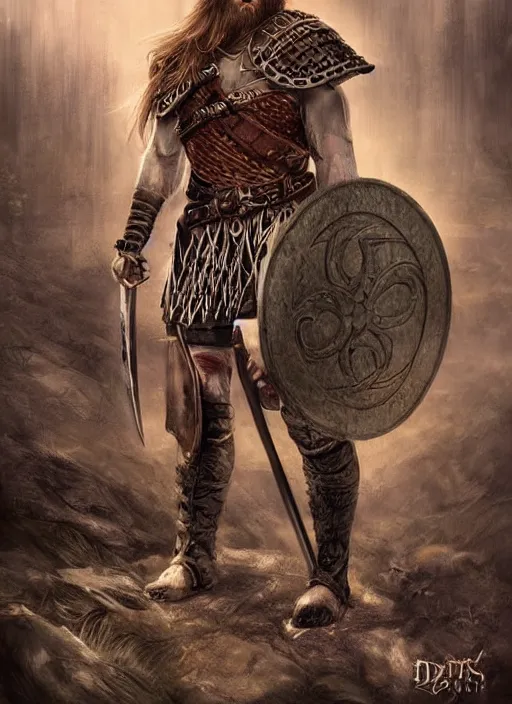 Image similar to aesthetic digital illustration of a kneeling viking warrior, by anne stokes | dirty and bloody, concept art, character concept, matte background. unreal engine, finalrender, centered, deviantart, artgerm