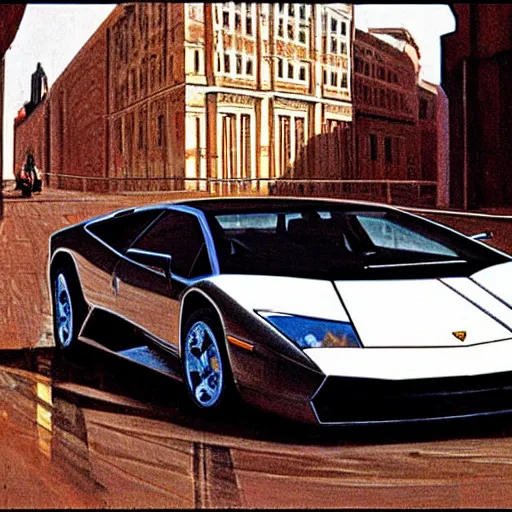 Prompt: lamborghini murcielago in the soviet city, by syd mead, retrofuturism