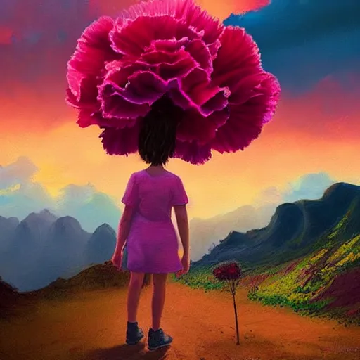 Image similar to giant carnation flower as a head, girl hiking in a canyon, surreal photography, sunrise, dramatic light, impressionist painting, colorful clouds, digital painting, artstation, simon stalenhag