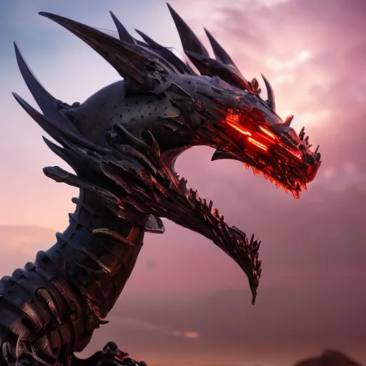 Image similar to stunning headshot of a beautiful anthropomorphic robot female dragon, with smooth and streamlined armor, posing elegantly, well detailed dragon head with epic detailed LED eyes maw, sharp and dangerous sleek design, two arms, beautiful digital art, artstation, DeviantArt, FurAffinity, professional, depth of field, close-up, hd, octane render, sunset lighting