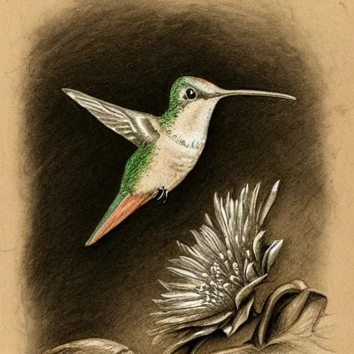 Image similar to an ancient book containing a humming bird drawing , worn out pages, baroque, sketch