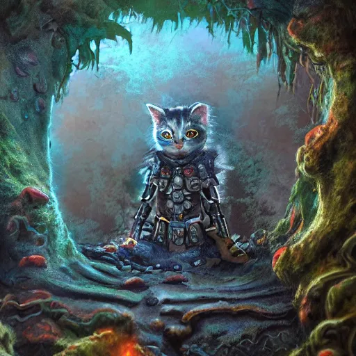 Image similar to rescue from the underworld, shadows of the past, The Mekanik Doll, chubby moss kitten, by jeff easley and Dylan Kowalski, highly detailed, digital painting, HDRI, by vivid colors, high contrast, 8k resolution, intricate, beautiful and thematically complex, smooth