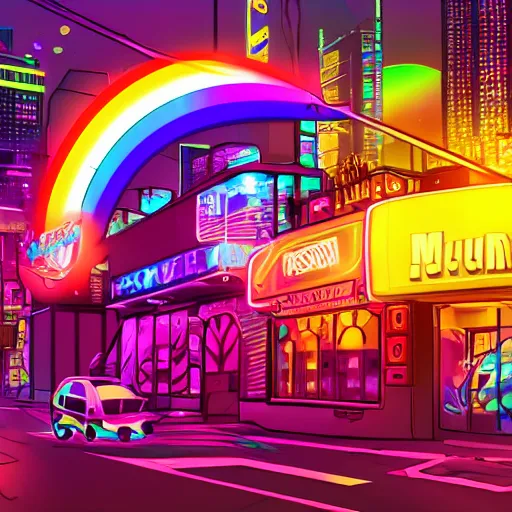 Image similar to hamster with rainbow fur in a cyberpunk city with bright neon lights, 8 k, hd, light reflection