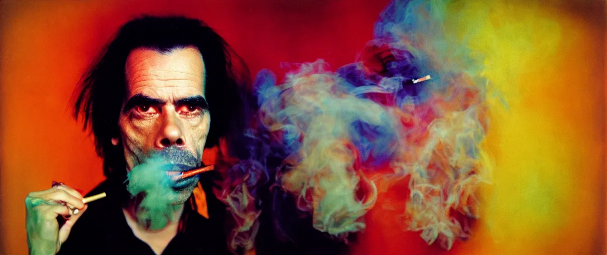 Image similar to award winning photo of NICK CAVE smoking DMT, vivid colors, happy, symmetrical face, beautiful eyes, studio lighting, wide shot art by Sally Mann & Arnold Newman