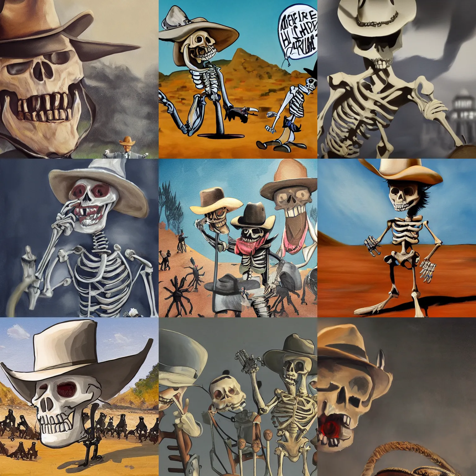 Prompt: a cartoon skeleton in a cowboy hat yelling at donald trump. painting. trending. cinematic. epic. highly detailed. 8 k