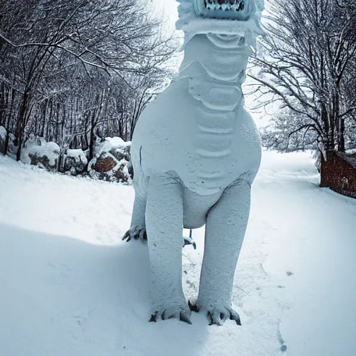Prompt: colonial closeup photograph of a snow dragon on a path, scary, evil looking, wide angle shot