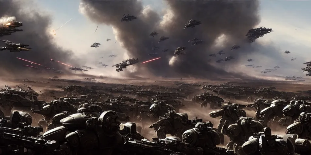 Prompt: hyper realistic sci - fi matte concept art painting of epic cinematic battle depicting soldiers deploying onto a battlefield from a drop ship, guns, missiles, explosions, beautiful details, strong composition painted by kim jung guweta studio rutkowski, james gurney and greg rutkowski, and lucasfilm, smooth, intricate, detailed, sharp focus, cinematic