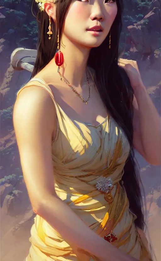 Image similar to a beautiful taiwan goddess with sundress with jewelry | | winter, realistic shaded, unpleasant face, good looking, fine details, realistic shaded lighting poster by greg rutkowski, magali villeneuve, artgerm, jeremy lipkin and michael garmash and macoto takahashi