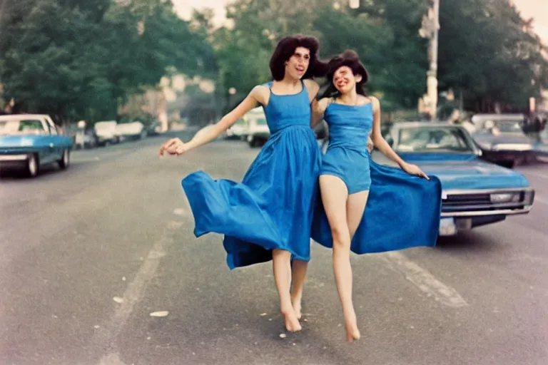 Image similar to film photography, 35mm, 1970s, love and romantic in blue colors, feeling of young and freedom, in style of Joel Meyerowitz