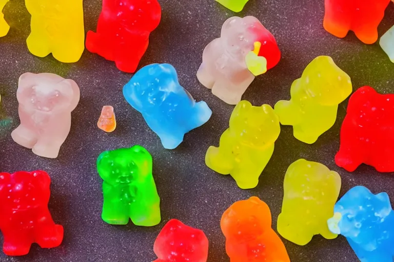 Prompt: Bali vacation photo of a group of gummy bears being swept up into a tornado 55mm