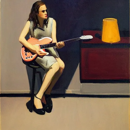 Prompt: Anna Calvi playing electric guitar, oil painting by Edward Hopper