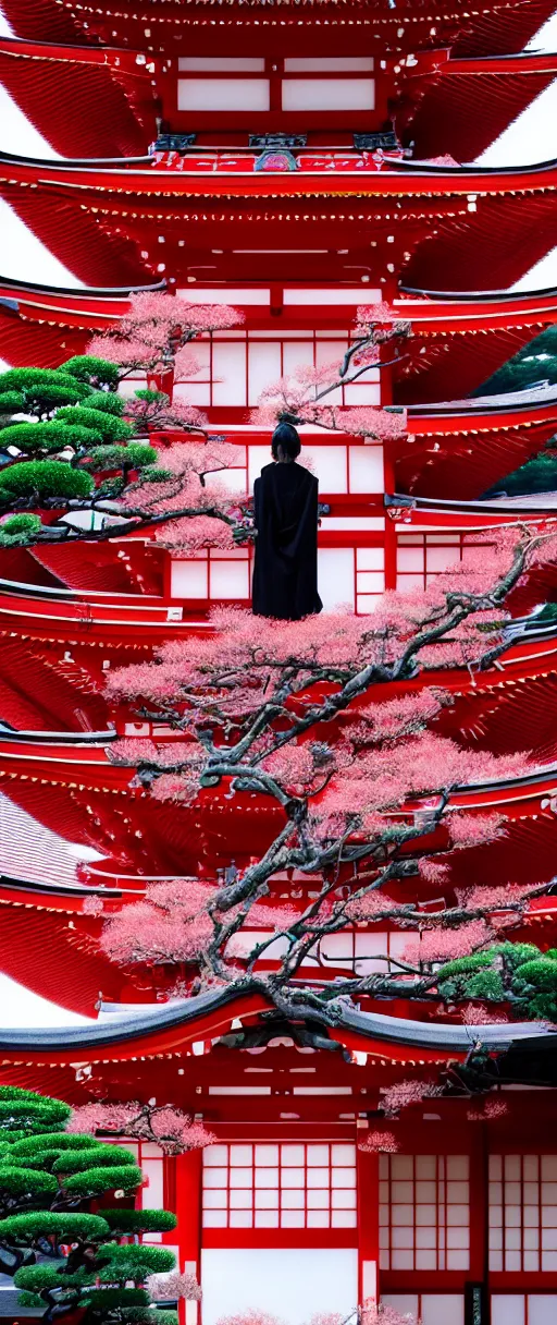 Image similar to Japanese fantasy art, buildings, old japanese architecture, red, white, pink, black, woman,