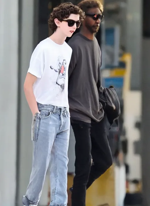 Image similar to photo of Timothee Chalamet walking in LA with his taller & muscular boyfriend