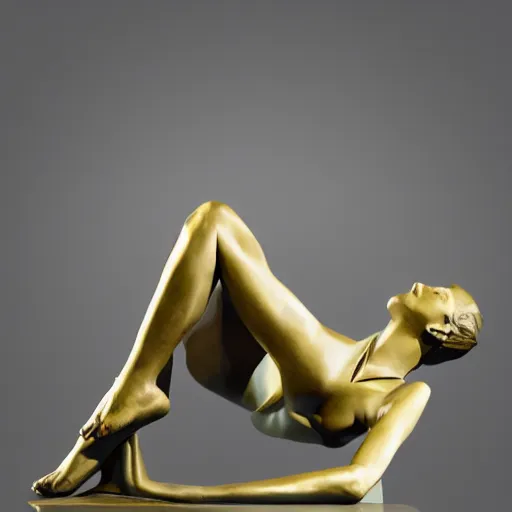 Prompt: a bronze sculpture of a woman standing low poly sharp angles museum lighting