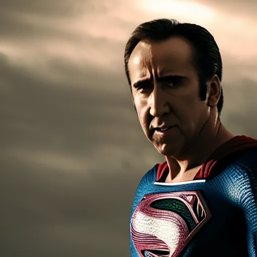 Image similar to film still of Nicolas Cage in Man of Steel, 4k