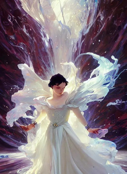 Prompt: snow white, white splash aura in motion, floating pieces, painted art by tsuyoshi nagano, greg rutkowski, artgerm, alphonse mucha, spike painting