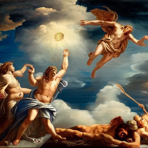 Prompt: Greek gods fighting in the clouds, classical painting, hd, 4K, majestic, Zeus, hades, Hermes, Poseidon —width 1536