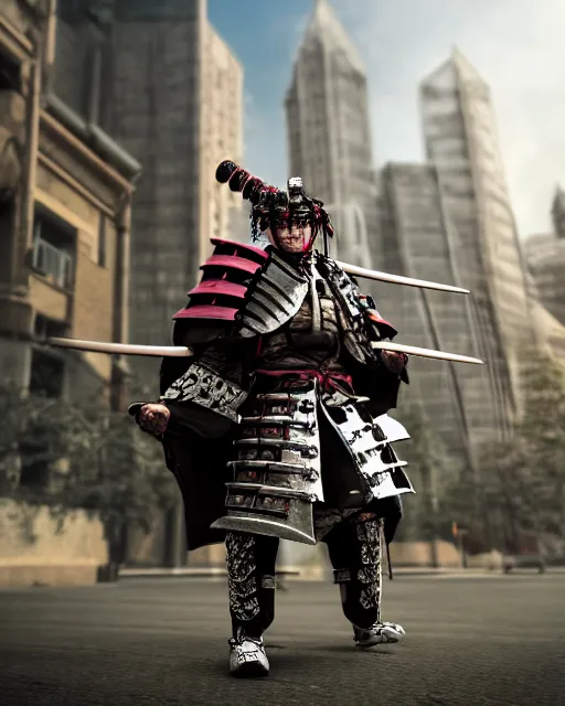 Image similar to photoreal professional character concept art, physically based octane render of a musicpunk samurai, wearing epic level 99 armour :: cinematic action posing, full view, epic, centered composition, beautiful, a vast orchestra chamber hall in the background