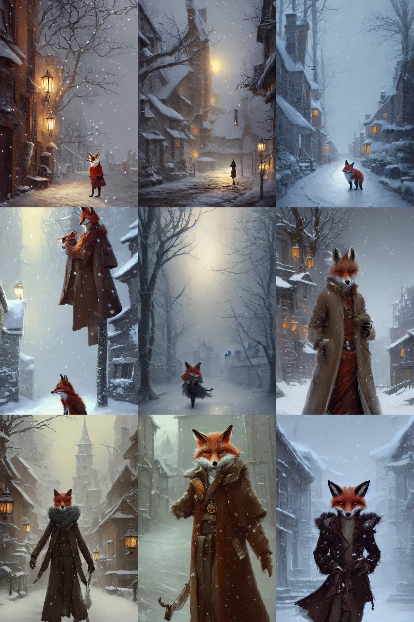 Prompt: an anthropomorhpic fox wearing a long coat in a snowy village, character illustration by greg rutkowski, thomas kinkade, artstation
