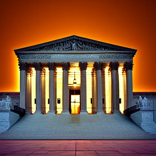 Image similar to Supreme court on fire at night, award winning photo, 8k hyperrealistic