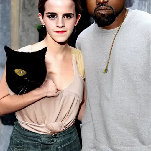 Prompt: Emma Watson and Kanye west holding cats