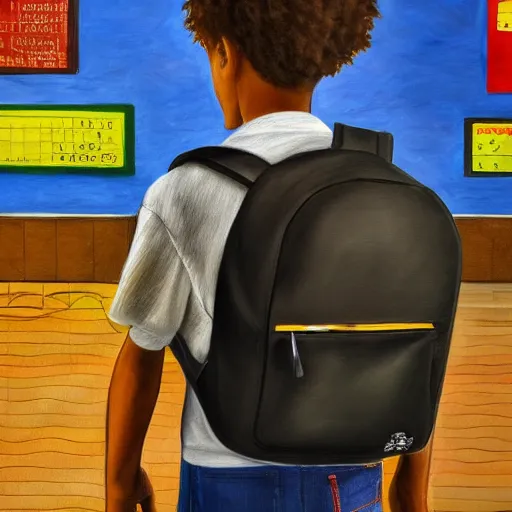 Image similar to cinematic hyperrealism style masterpiece where a student appears with his backpack happy at school