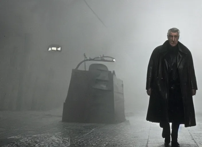 Image similar to film still milos zeman wearing leather coat as a detective in blade runner, 8 k