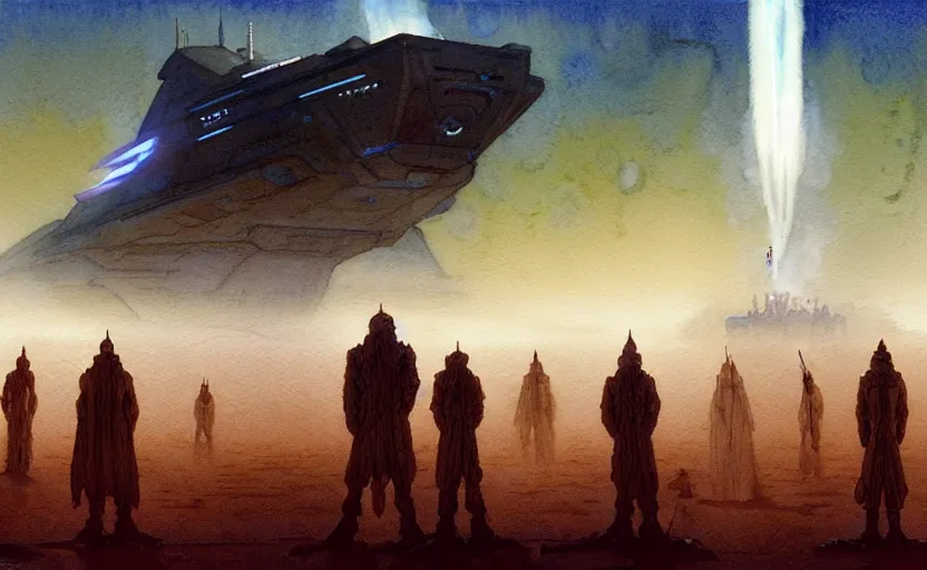 Prompt: a hyperrealist watercolour character concept art portrait of a tall elegant lovecraftian alien on a misty night in the desert. a small group of middle eastern men are watching from the foreground. a battlecruiser starship is in the background. by rebecca guay, michael kaluta, charles vess and jean moebius giraud