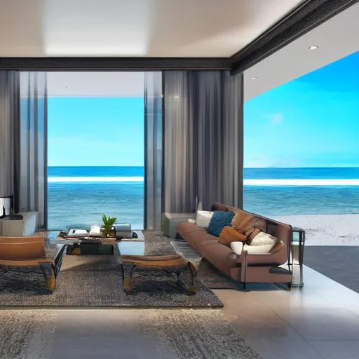 Prompt: contemporary interior design, beach house with luxurious living room and a scenic view of the sea and sun, photorealistic, ultra-detailed, high resolution, HDR shot