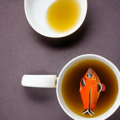 Prompt: fish in a cup of tea, food photography