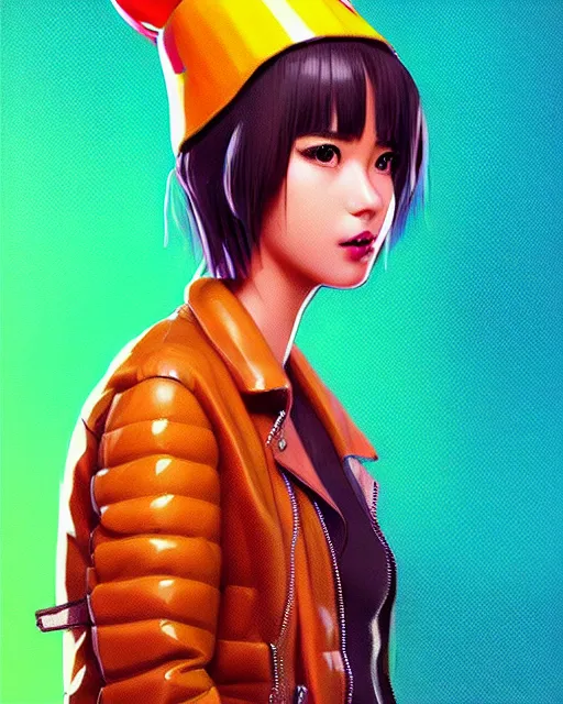 Image similar to pineapple girl wearing a candy hat and leather jacket, fine detail!! anime!! realistic shaded lighting!!, kim hyun joo, pixelated breath, digital painting by ilya kuvshinov, magali villeneuve, artgerm, jeremy lipkin and michael garmash and rob rey