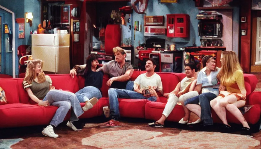 Image similar to 1990s photo of inside the Friends Show ride at Universal Studios in Orlando, Florida, riding a sofa through the Friends apartments , cinematic, UHD