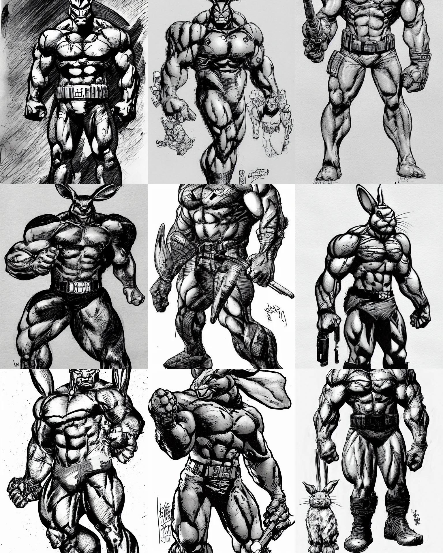 Prompt: rabbit!!! jim lee!!! medium shot!! flat grayscale ink sketch by jim lee close up in the style of jim lee, front lat spread pose swat soldier armor borderlands hulk rabbit animal by jim lee