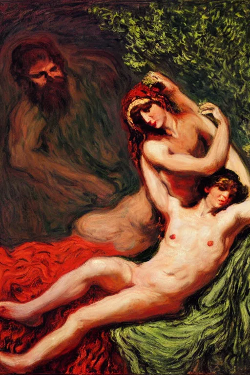 Image similar to Prometheus in style of Salome with the Head of John the Baptist, background by Claude Monet